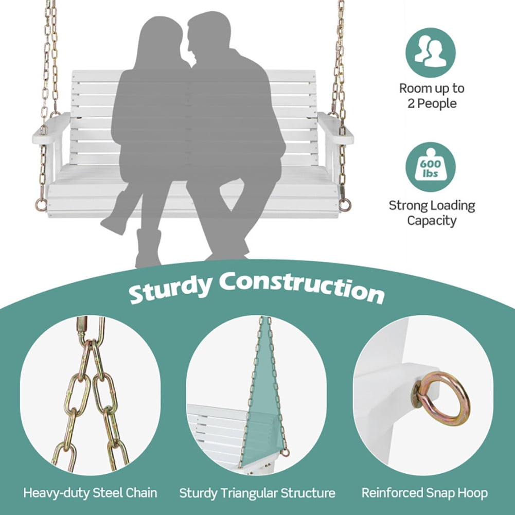 Aimee Lii 2-Person Wooden Porch Swing with Hanging Chains for Garden Yard, Comfy Outdoor Chair, White