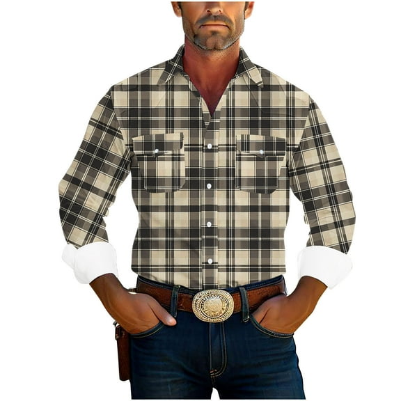 JUUYY Men's Western Style Plaid Shirts Casual Loose Collared Tops Long Sleeve Button Down Pockets Shirt Top Khaki XXXXL