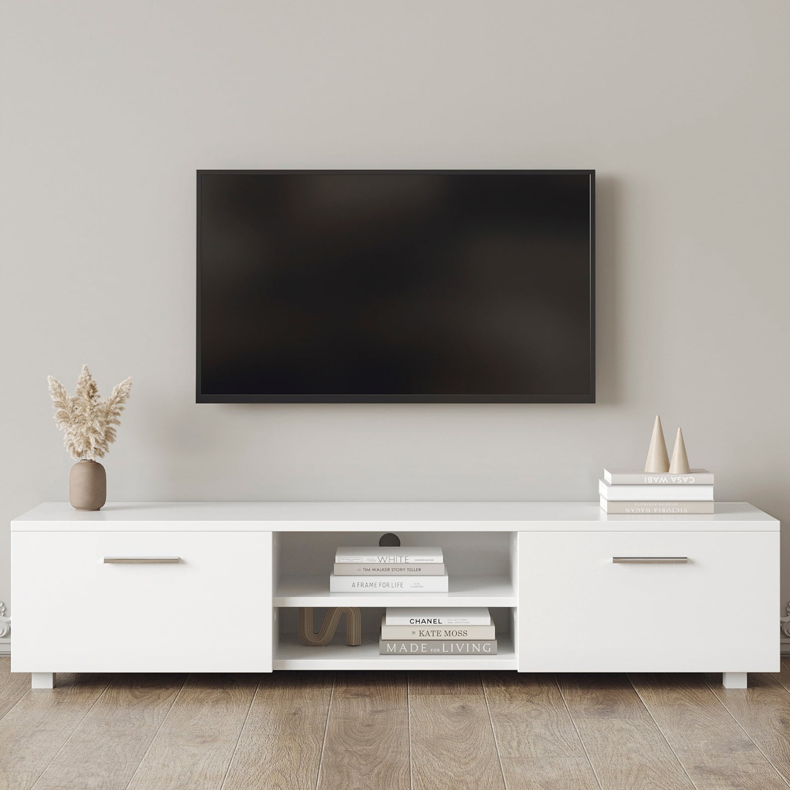 Yardi Yard White 2-Door TV Stand for TVs up to 70", Wood Wide Entertainment Center with Open Shelves, Media Console TV Cabinet for Living Room Bedroom Yardi Yard White 2-Door TV Stand for TVs up to 70", Wood Wide Entertainment Center with Open Shelves, Media Console TV Cabinet for Living Room Bedroom