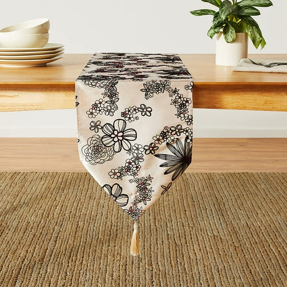 Violet Linen Silky Bloom Daisy Flower Pattern, Faux Silk Polyester Fabric, With Tassles, Beige , 13 Inch x 70 Inch, Rectangular, Decorative Table Runner