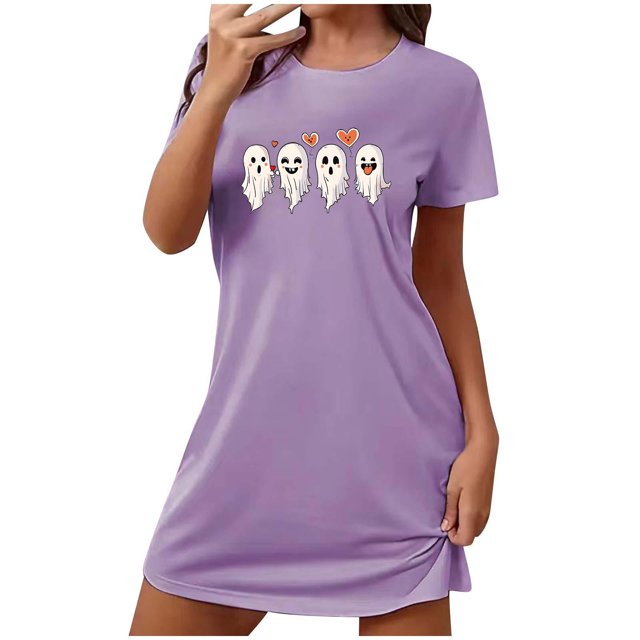 Tnhcen Robe de Nuit Halloween Grande Taille Incluse Imprimé Dessin Animé Manches Courtes Col Rond Polyester Spandex Extensible P-2TG pour Chaque Femme