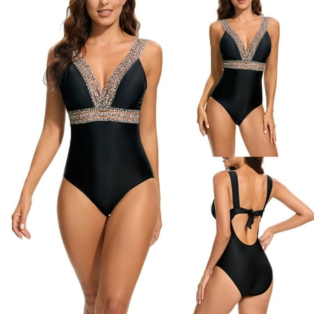 Jacenvly One Piece Swimsuits for Women Modest Clearance Fashion Sleeveless Solid V-Neck Surfing Swimwear Quick Drying Ladies Leopard Print Frenulum Women Bikini Piece Swimsuit Black