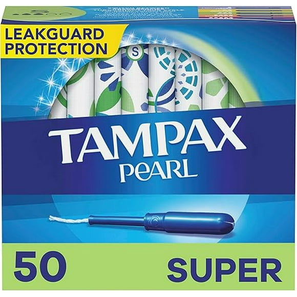 Tampax Pearl Tampons Super Absorbency with BPA Free Plastic Applicator and LeakGuard-Braid, Unscented, 50 Count