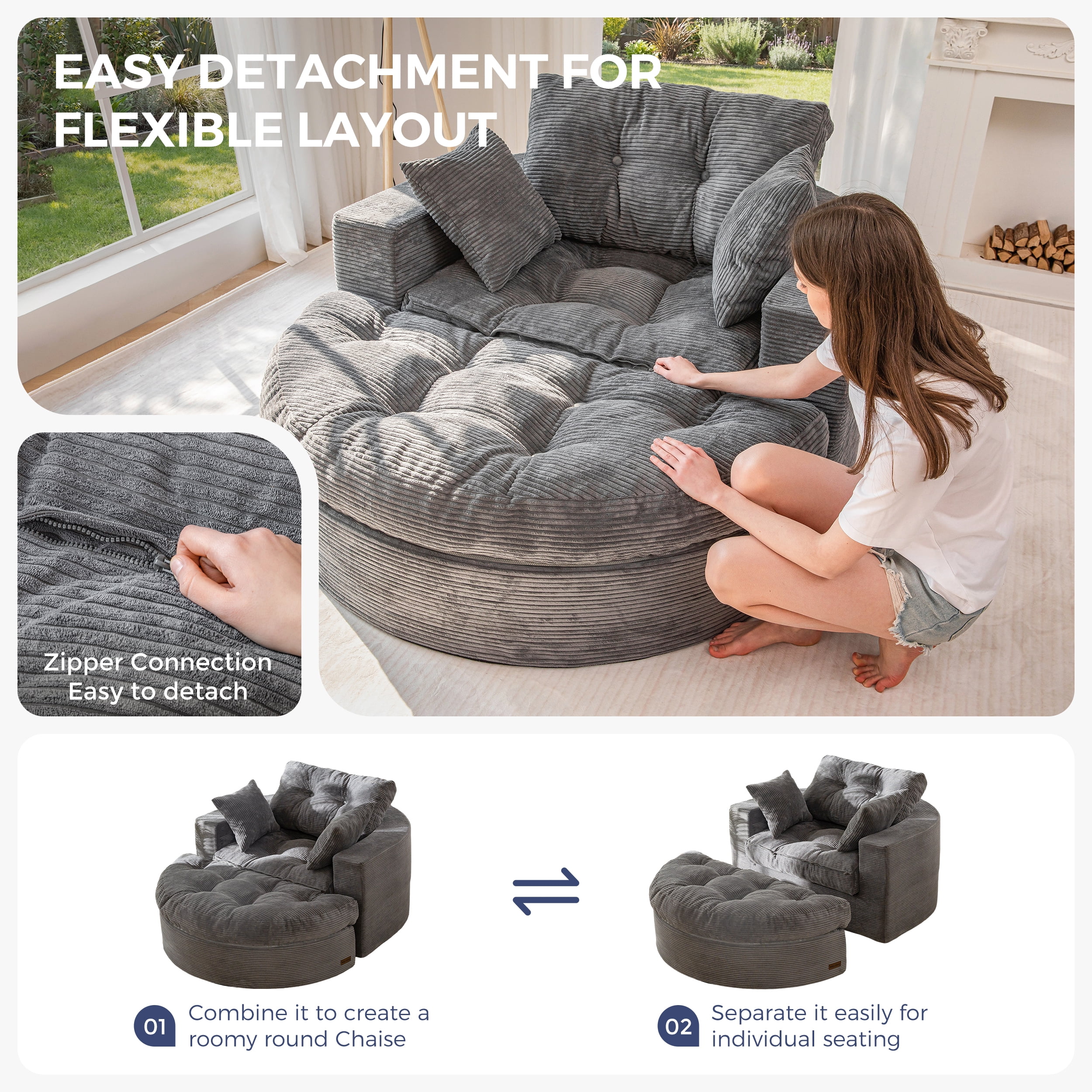 BYBYME 49''Round Chaise Lounge Chair,Corduroy Sofa Bed With Deep Seat,Upholstered Boneless Chaise Indoor,Cozy Sleeper Couch for Living Room with Ottoman,DGrey