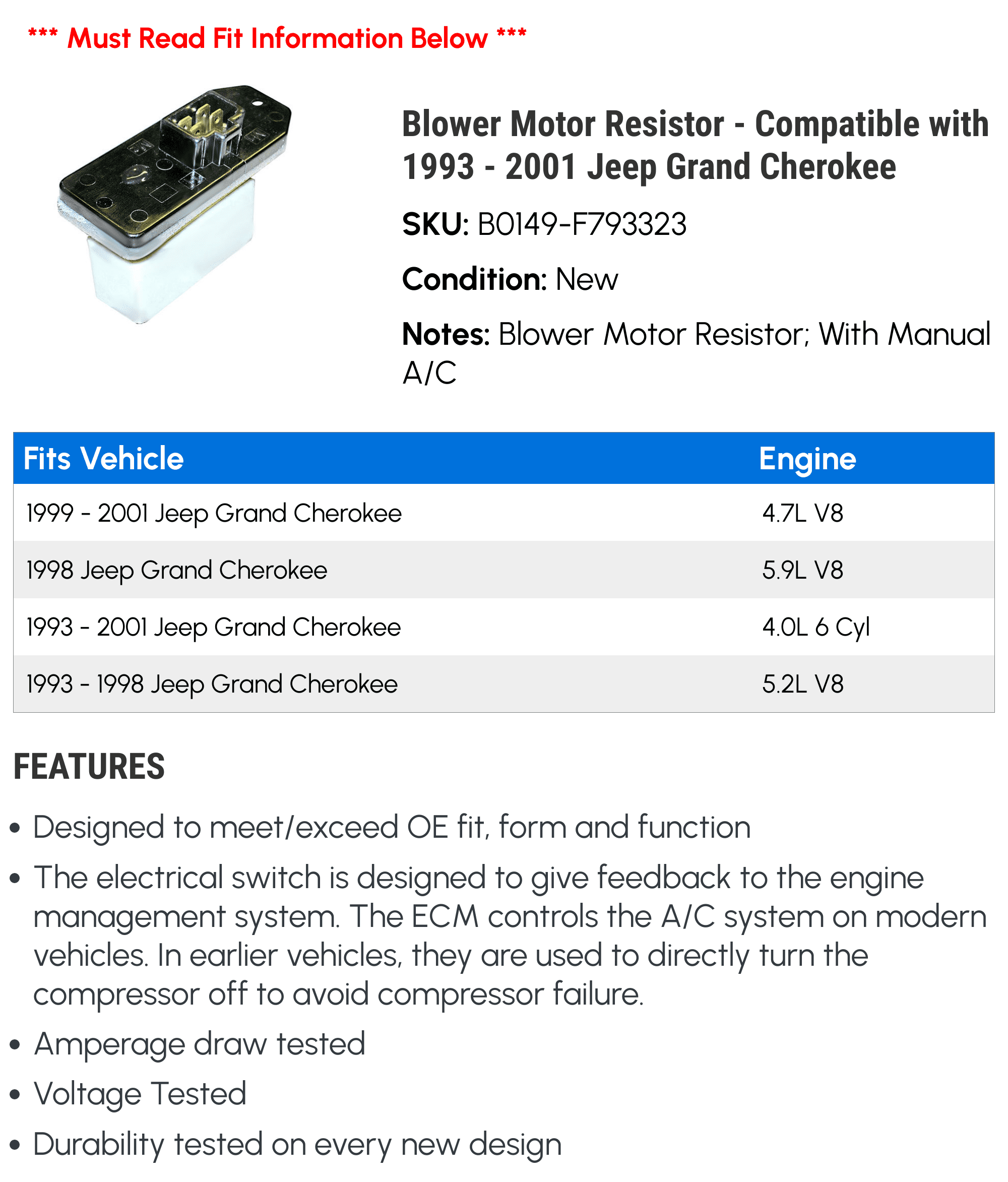 Blower Motor Resistor - Compatible with 1993 - 2001 Jeep Grand Cherokee 1994 1995 1996 1997 1998 1999 2000
