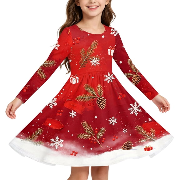 Grblisyd Girls' Dresses Christmas Long Sleeve Fall Dresses Crew Neck Xmas Printed A-Line Dress for Casual or Special Occasions