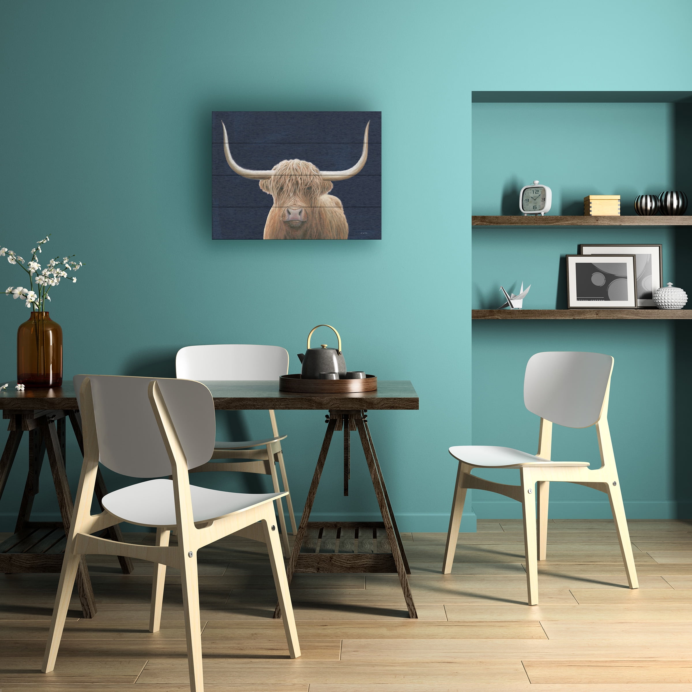 James Wiens 'Highland Cow Navy' Wood Slat Art 12x16