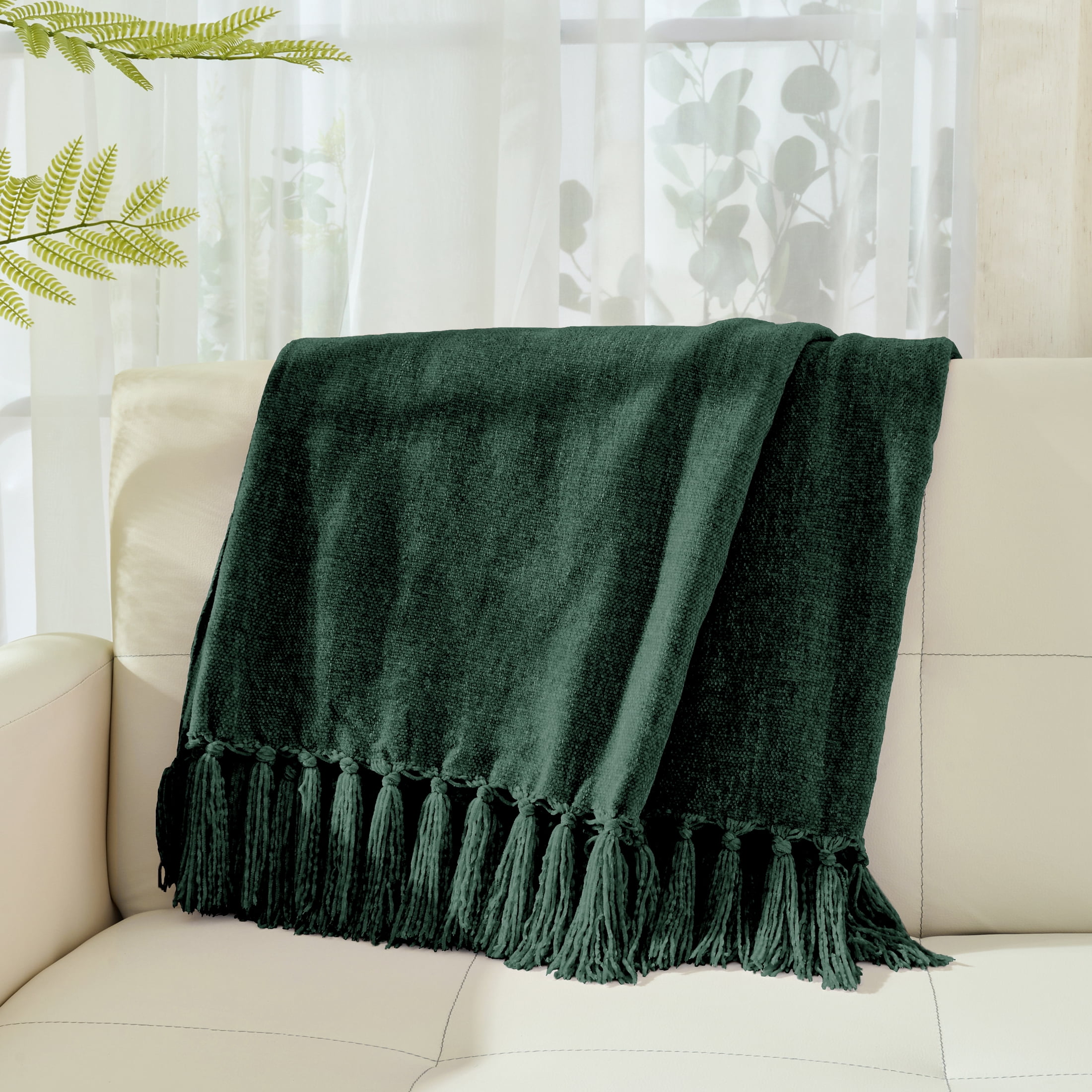 LONG CREATE Chenille Throw Blanket with Fringe Tassel for Couch Sofa Chair Bed, Dark Green 50" x 70"