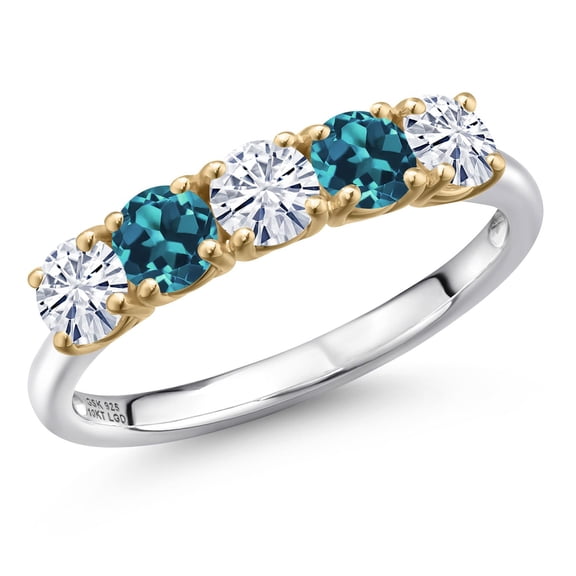 Gem Stone King 925 Silver and 10K Yellow Gold White Moissanite and London Blue Topaz Wedding-Bands Ring for Women | 1.35 Cttw | Round 4MM | Gemstone Birthstone | Size 6
