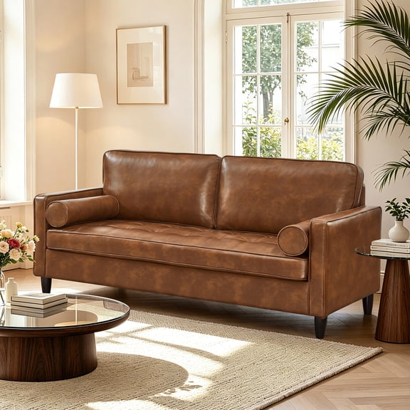 Faux Leather Sofa with Tufted Seat Cushion and Solid Wood Legs, 74.5-Inch 3-Seater Couch for Living Room, Brown