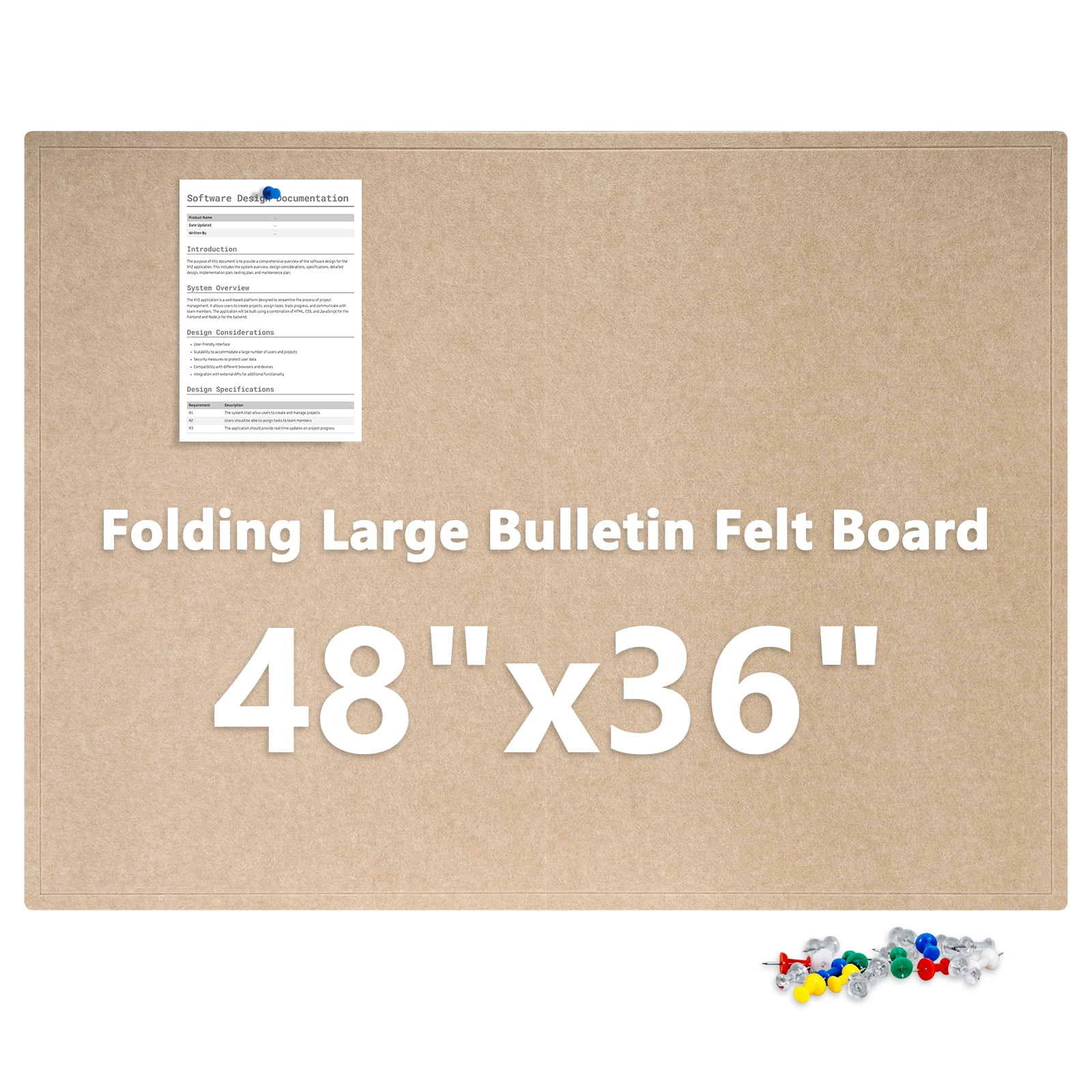 Beige Cork Bulletin Board 48" x 36", Foldable Felt Notice Pin Board for Wall, 4' x 3' Decorative Corkboard Photo Board DIY Vision Board with Self-Adhesive Tape for Office School Home with 20 Pushpins