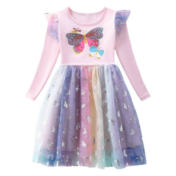 QWIED Girls Dresses Toddler Ruffle Long Sleeve Round Neck Butterfly Embroidery Printing Casual Party Tutu Pleated Dress Size 3-4