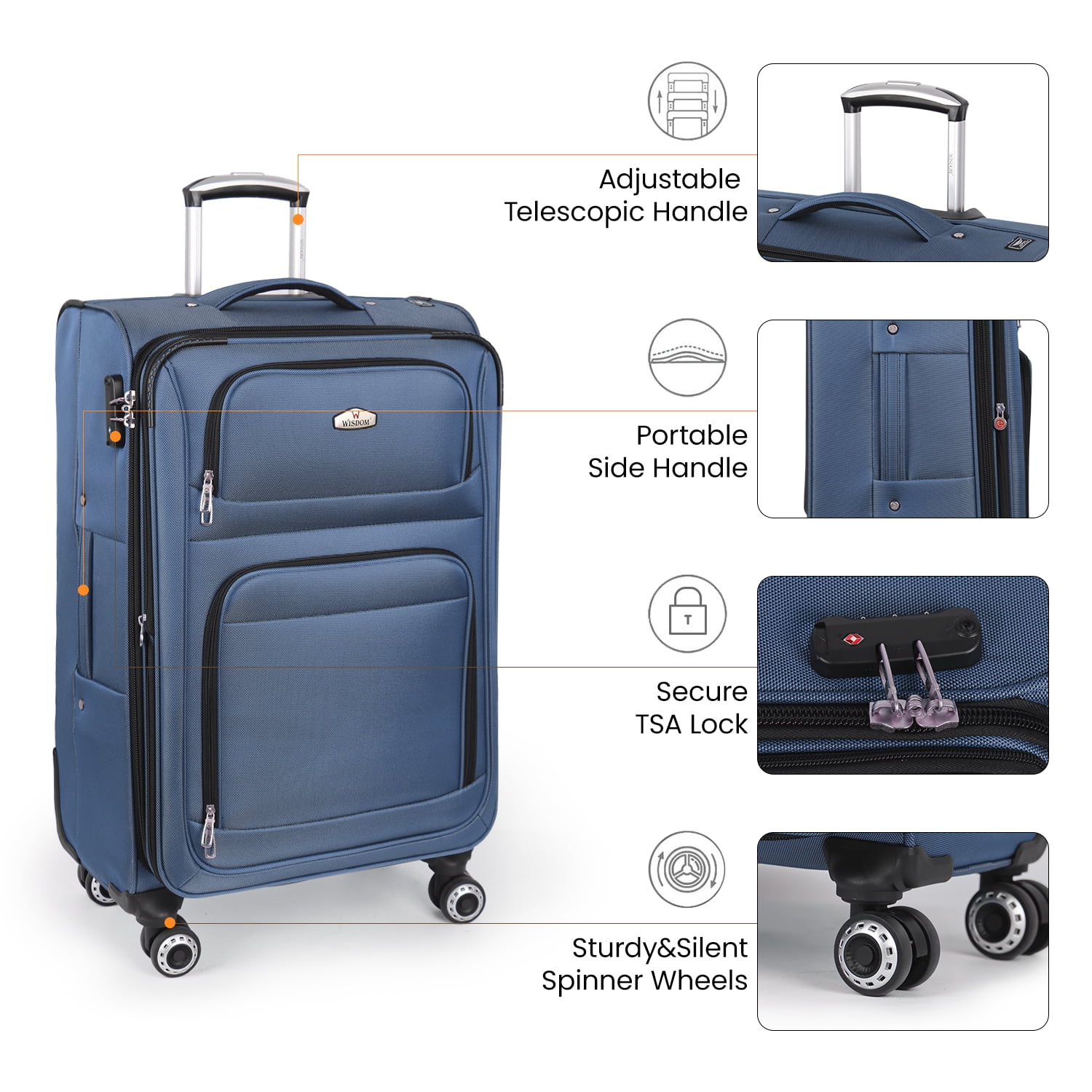 3-Piece Softside Luggage Set Lightweight Soft Shell Expandable Suitcase with Spinner Wheels & TSA Lock,20"/26"/30",Blue - WD1622