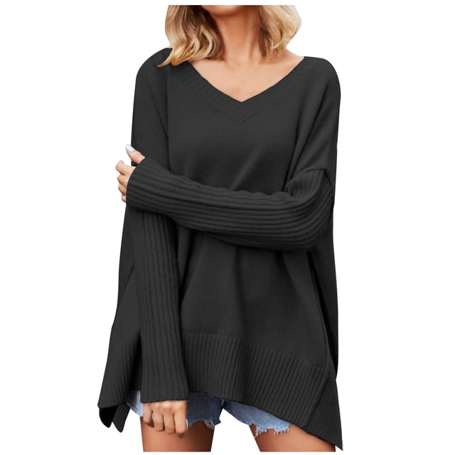 AherBiu Womens Long Sleeve Tops Oversized Knitted V Neck Pullover Sweaters Winter Tops for Women