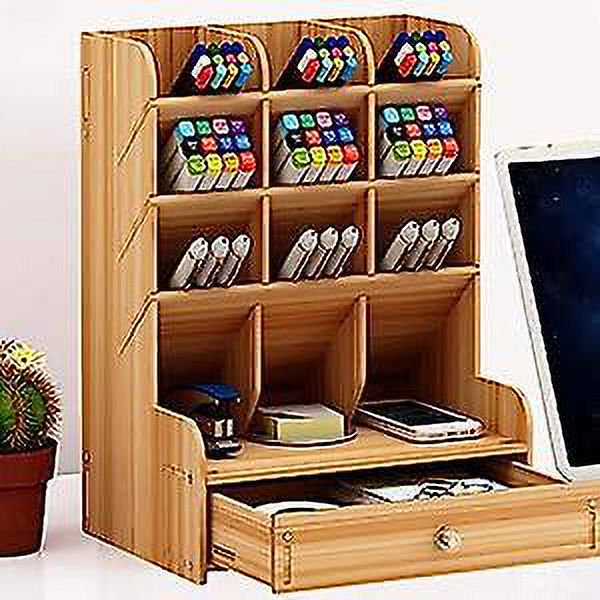 Caja de almacenamiento de escritorio, suministro multifunción, papelería, soporte para bolígrafos de madera maciza, estante de almacenamiento para mesa, organización