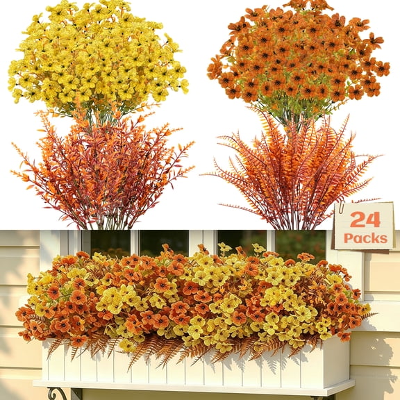 CandWuom 24 Bundles Artificial Flowers for Outdoors Decoration, Faux Plants Fake Silk Colorful Daisy Eucalyptus Lavender, UV Resistant for Outside Home Porch Indoor Spring Decor