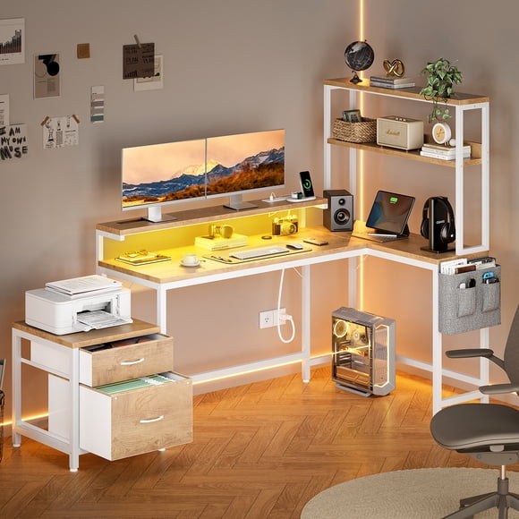 GUNAITO 71 inch Computer Desk L Shaped Gaming Desk with LED Light & Power Outlet Office Desk with File Drawers Cabinet,3-Tier Shelf,Storage Bag for Home Office,Wood