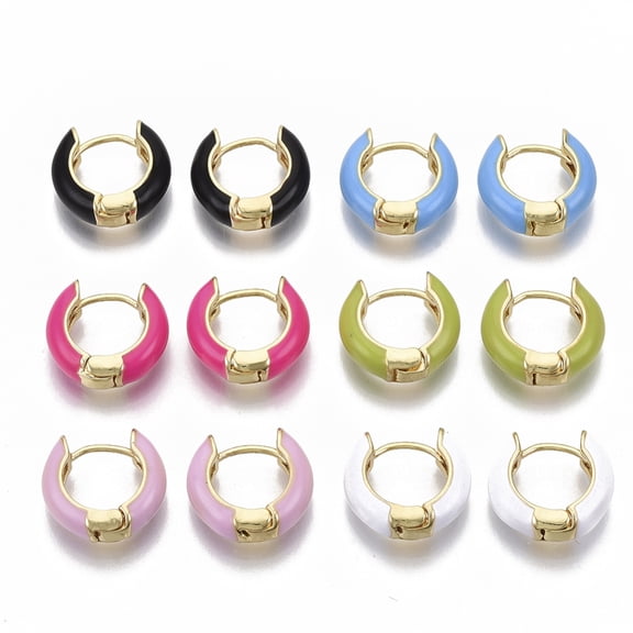 5pairs Brass Huggie Hoop Earrings with Enamel golden Mixed color 14x15x5mm Pin: 1x1mm