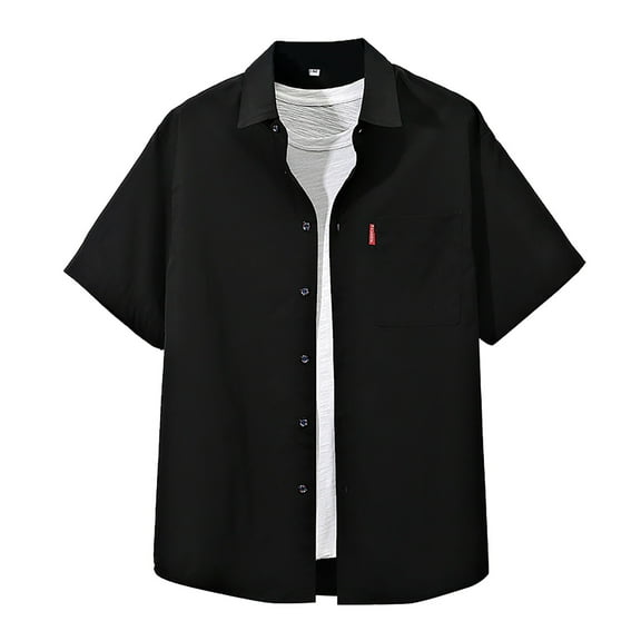 Bcfgryg Men's Spring/summer Solid Color Casual Lapel Large Size Beach Holiday Short Sleeved Shirt Dress Shirts For Men Black