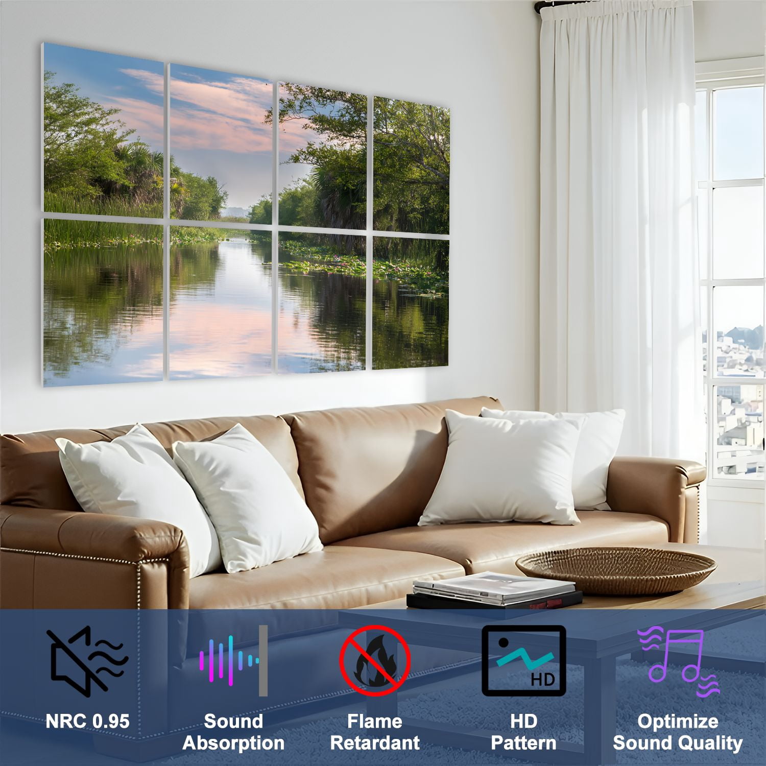 8 Pack Art Acoustic Panels Sound Absorbing Florida Everglades Sunset Wetland Water Canal Landscape Decorative Soundproof Wall Panels Self Adhesive for Nursery Game Room Bedroom 48"x32"