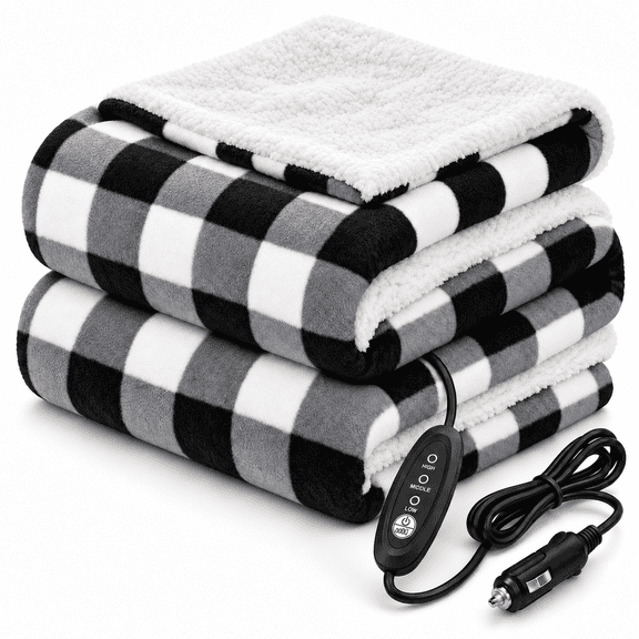 Loheer 12V Heated Car Blanket, Electric Blanket for Car, Truck, SUV & RV, 3 Heat Settings, Portable Heated Throw for Camping, black & white 59" x 43"
