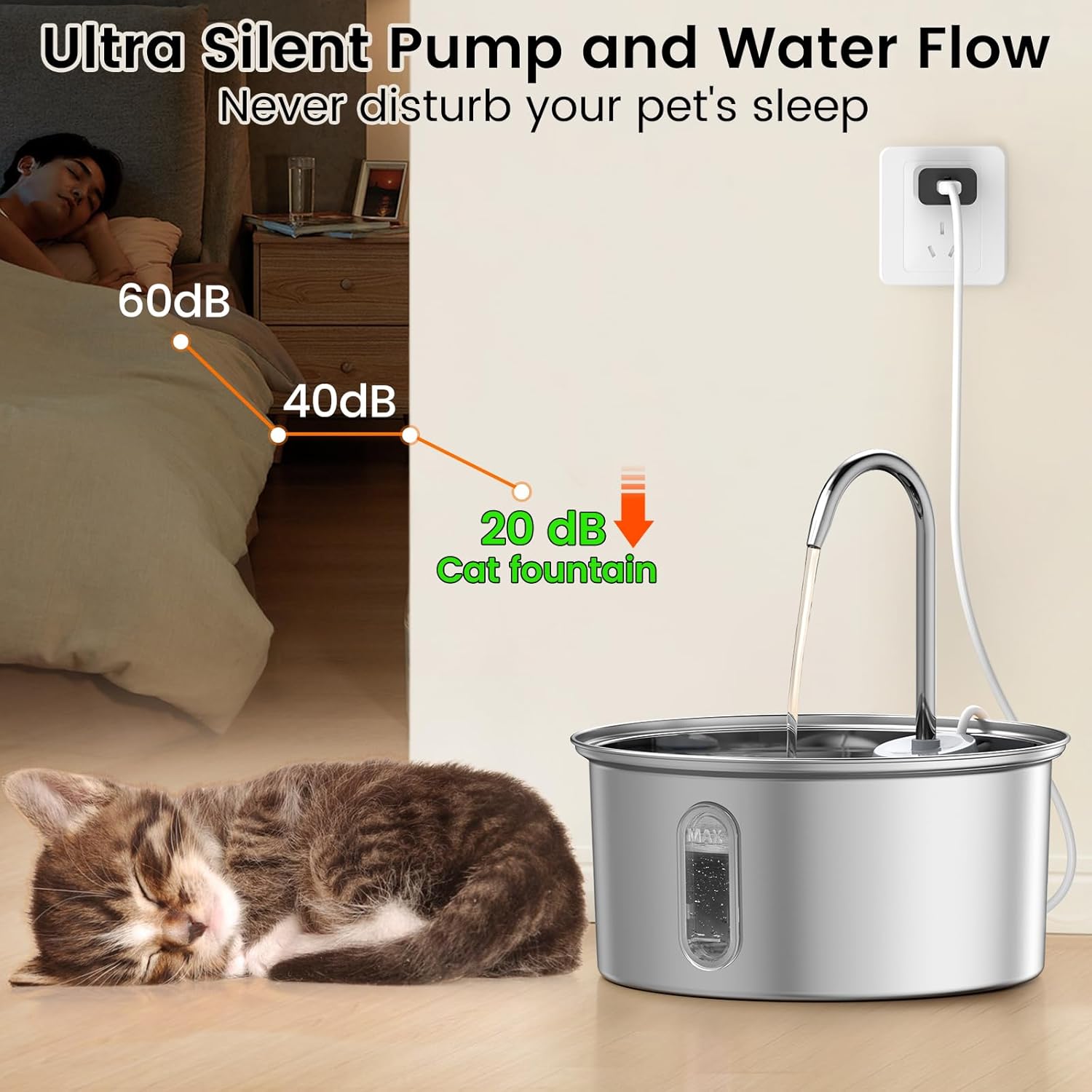 Petlipo Cat Water Fountain Stainless Steel, 108oz/3.2L Cat Fountain for Drinking, Pet Fountain Water Bowl Dog Drinking Dispenser, Super Quiet Kitty Spout with 4 Filters 4 Sponges (One in Filter Tray)