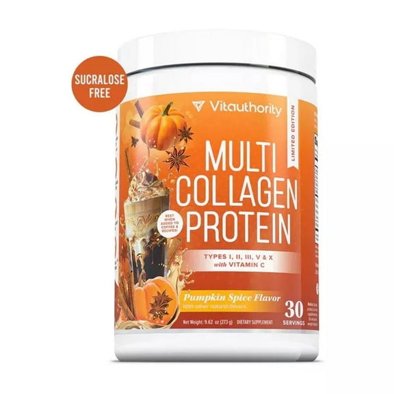 Vitauthority Multi Collagen Peptides Powder for Women with Vitamin C, Pumpkin Spice, 30 Servings