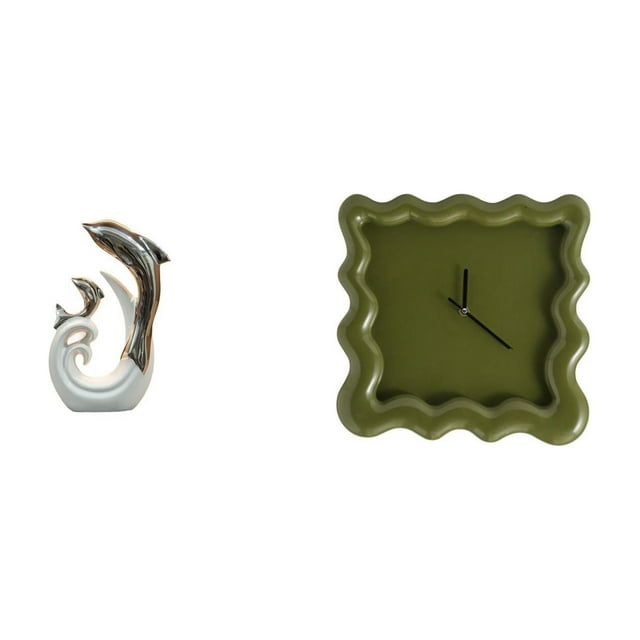 Estatua Moderna Abstracta De Delfín De Cerámica Y Reloj De Pared Cuadrado, Silencioso Y Preciso, Adorno Para Sala De Estar, Oficina, Chimenea O Mesa De Centro