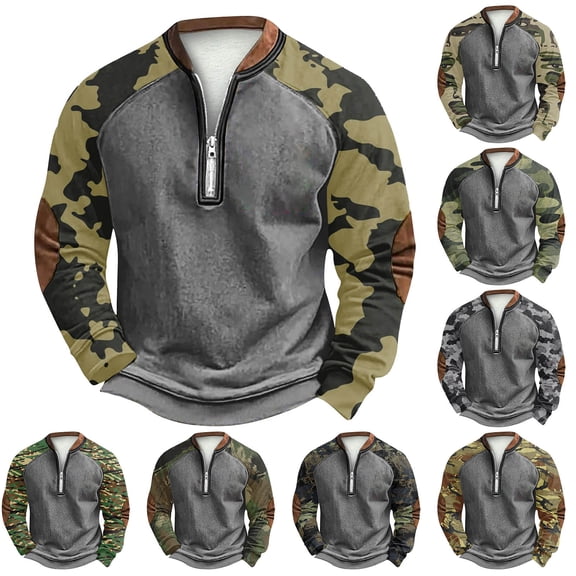 Men's Fall Winter Polo Half Zip Sweatshirt, Light Printed Camouflage Pullover for Casual Style, Daily Errands and Seasonal Layering,Army Green,L