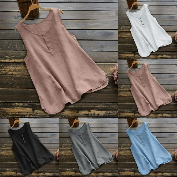 Womens Sleeveless Shell Top Crew Neck Button Front Stretch Casual Tee