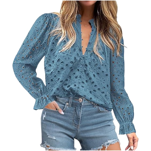 Timegard Womens Tops V Neck Button Hollow out Blouse Casual Ruffle Long Sleeve Shirts Tops Solid Color