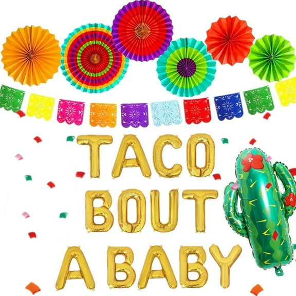 Mexican-style party decoration set - Taco-themed aluminum foil balloon, paper fan and bunting combination
