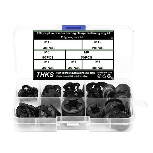 Youkk 260Pcs M3 M5 M6 M8 M10 M12 Lock Washers Manganese Steel Push On Retaining Washer Set with a Plastic Storage Box