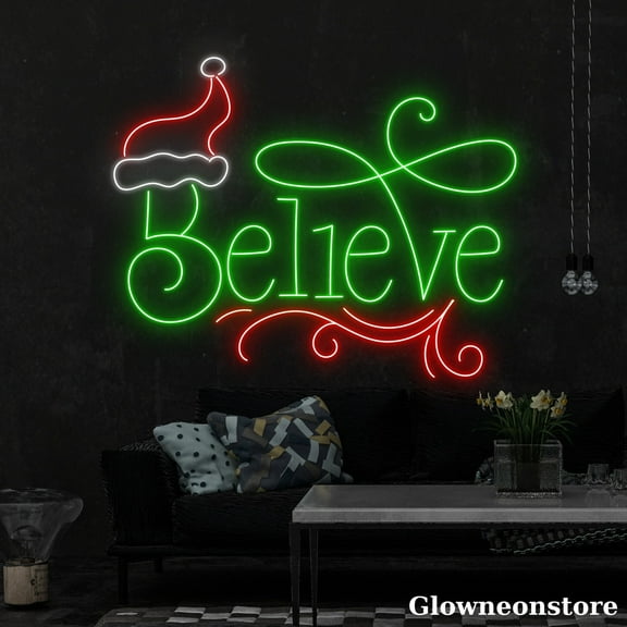Glowneon Believe Neon, Believe LED Sign, Santa Hat Neon Light, Restaurant Coffee Shop Bar Decor