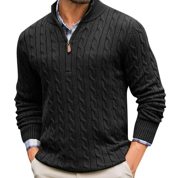 Men's Cable Knit Quarter Zip Sweater Mock Neck Long Sleeve Pullover Top