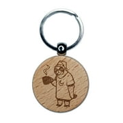 Sleepy Sloth with Coffee Round Keychain Charm Tag - Engraved Wood