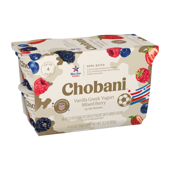 Chobani Low-Fat Vanilla Greek Yogurt Mixed Berry On The Bottom, Hero Batch 5.3oz 4PK