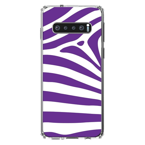 DistinctInk Clear Shockproof Hybrid Case for Samsung Galaxy S10  PLUS(6.4" Screen) - TPU Bumper, Acrylic Back, Tempered Glass Screen Protector - Purple & White Zebra Skin Stripes