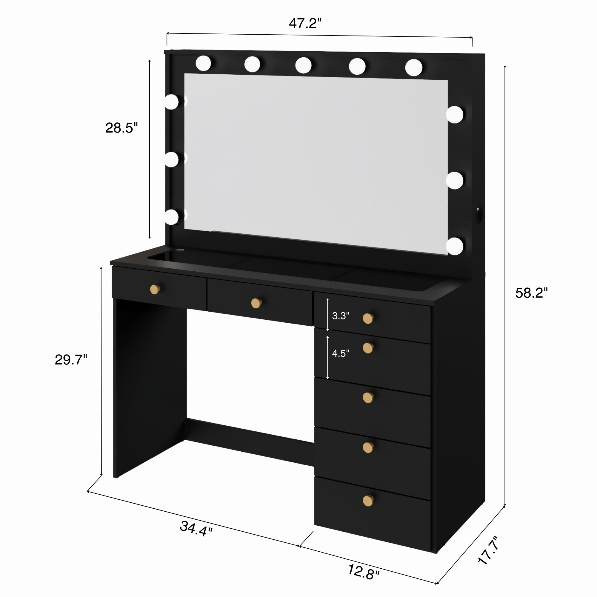 Ember Interiors Nadia Makeup Vanity with Lights, 7 Drawers, Power Outlet, Gold Knobs, Black