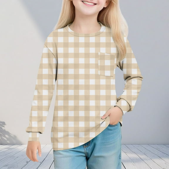 YUNAFFT Girls Checkered Print Blouses Soft Stretch Long Sleeve Shirts Casual Comfy Tops 4-14Y