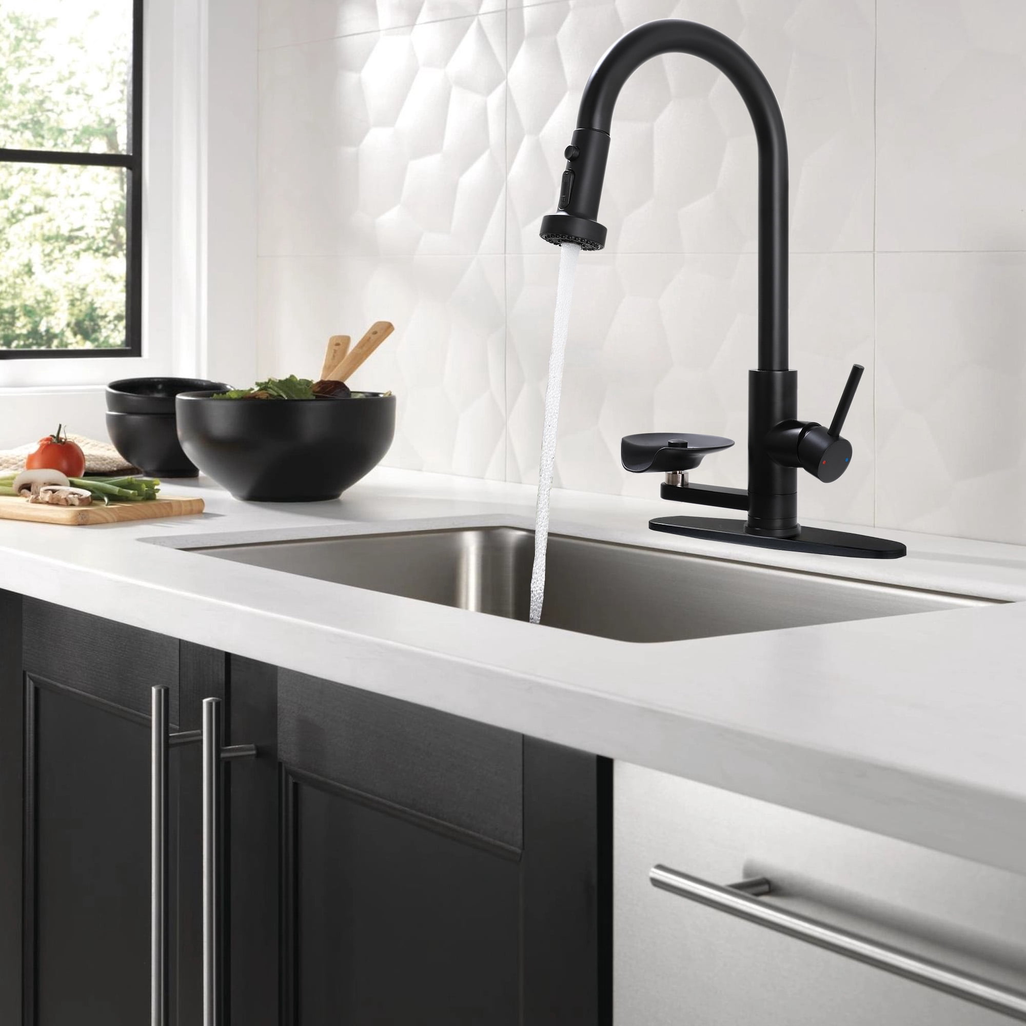 3 in 1 Kitchen Faucet with Press-Type Glass Rinser, High-Arc Pull-Down Sprayer Faucet, 3 Function Spray Mode, Matte Black Finish, for Modern Kitchen Sink