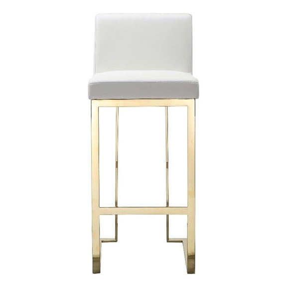 Benjara Boly 30" Barstool Chair- Cushioned White Faux Leather- Gold Cantilever