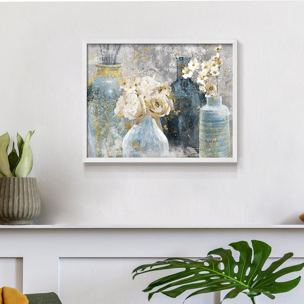 Vessels and Blooms Blues by Nan - Restickable Framed Giclée Print