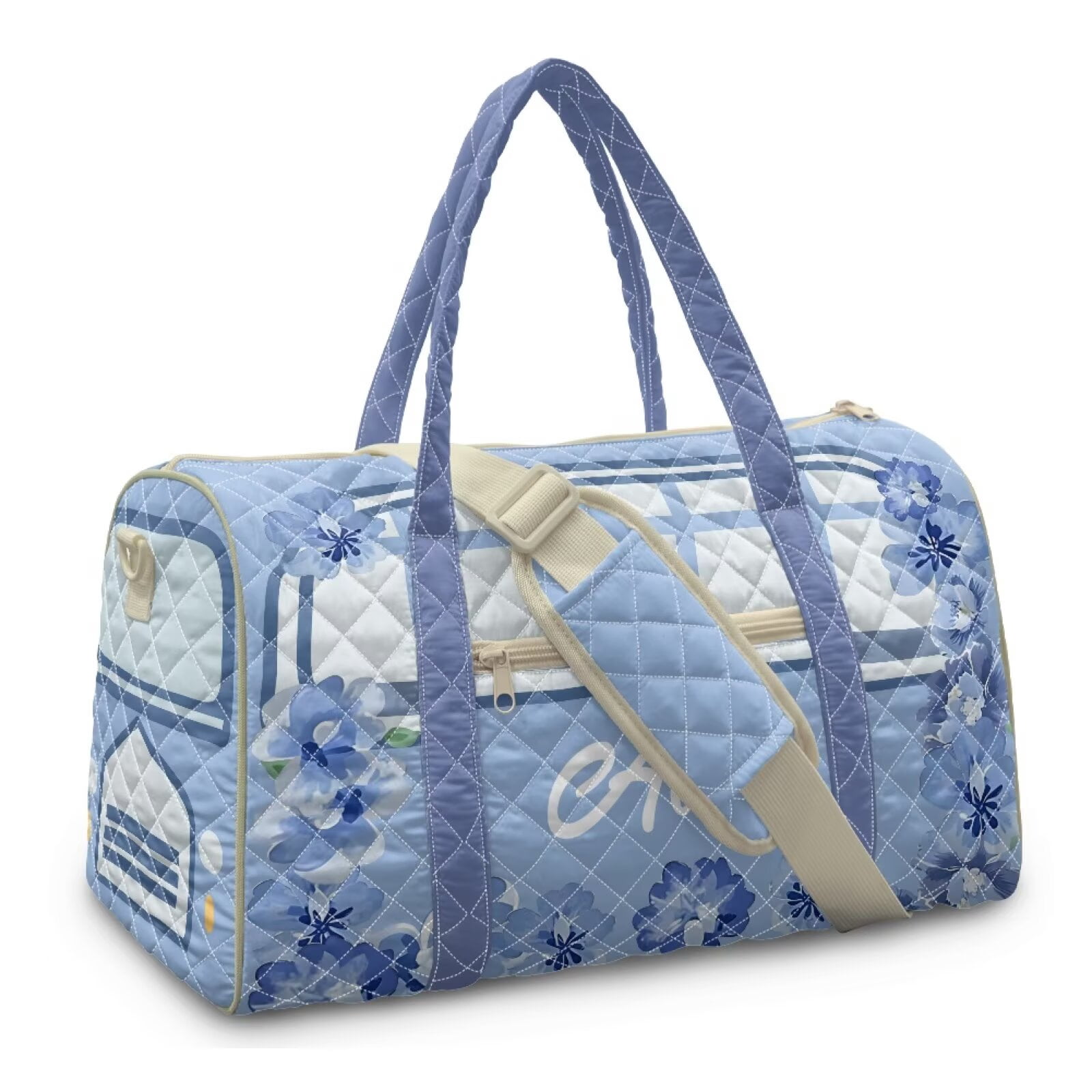 Garronmavis Blue Floral Large Quilted Duffle Bag for Women Carry On Weekender Bag Travel Bag Shoulder Gym Dance Overnight Tote with Zipper Pockets