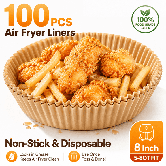 Air Fryer Paper Liners, 100PCS Non-Stick Parchment Paper, 8 Inch Round Disposable Liners for 5-8QT Air Fryers, Oil Resistant for Baking, Roasting & Microwave (150 characters exactly)