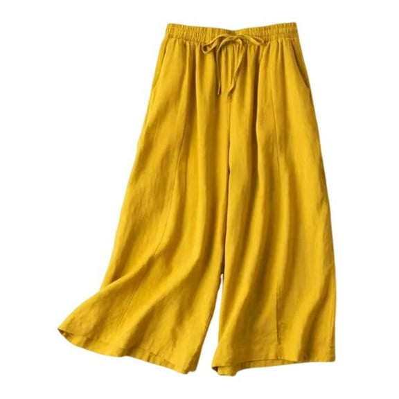 VERUGU Capri Pants for Women Casual Summer Drawstring Elastic Waist Solid Pant High Waist Wide-Leg Pockets Cropped Pants Loose Stretch Cotton Linen Classic Comfortable Capris Yellow M