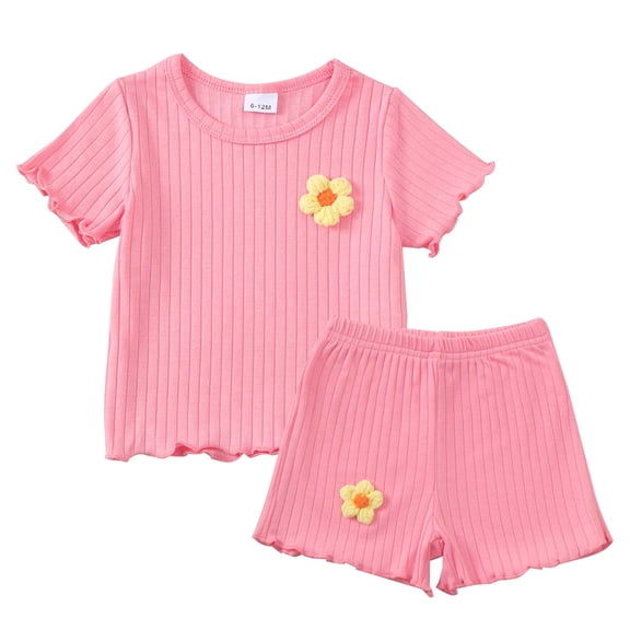 Kucnuzki 3T Toddler Girls Outfit Set 4T Girl Summer Clothing Short Sleeves Knitted T-shirt Top Shorts Sets 2pcs Clothes Pink 3-4T