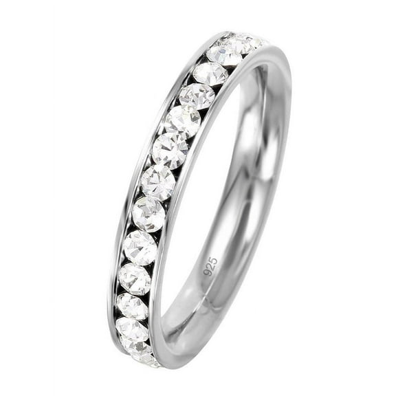 Channel Set Clear Cubic Zirconia April Birthstone Eternity Ring Rhodium Plated Sterling Silver Size 8