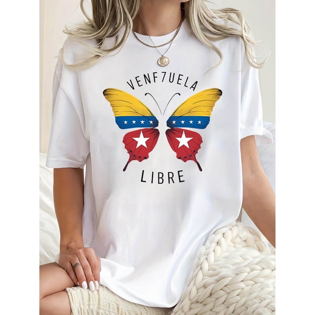 Women's Patriotic Butterfly Print Tee - Casual Crew Neck Short Sleeve T-Shirt, Stretchy & Breathable Polyester Blend, Perfect for Summer