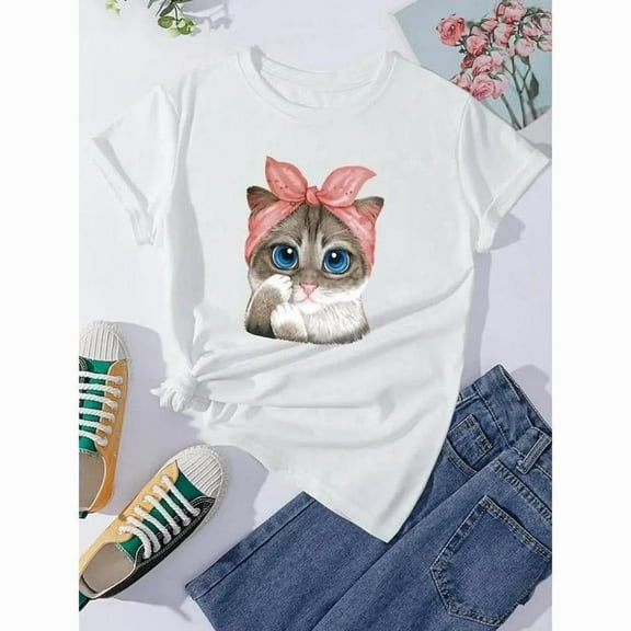 Cat Print Tee Womens Graphic T Shirt Tops Cute Casual Short Sleeve Round Neck White S-5XL Summer Comfort